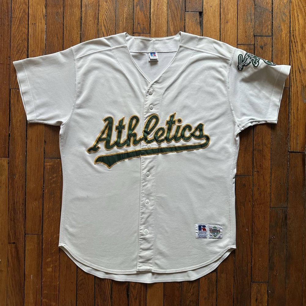 VTG 90s Oakland Athletics Russell Diamond Collection Jersey Size 48 Cream‎ Green